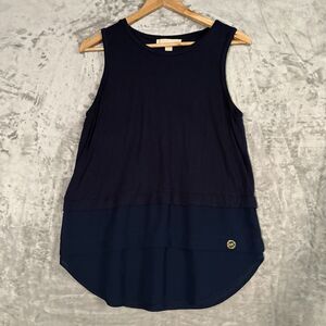 Michael Kors Navy Blue Mixed Media Tank Top Sleeveless Chiffon Hem Size S